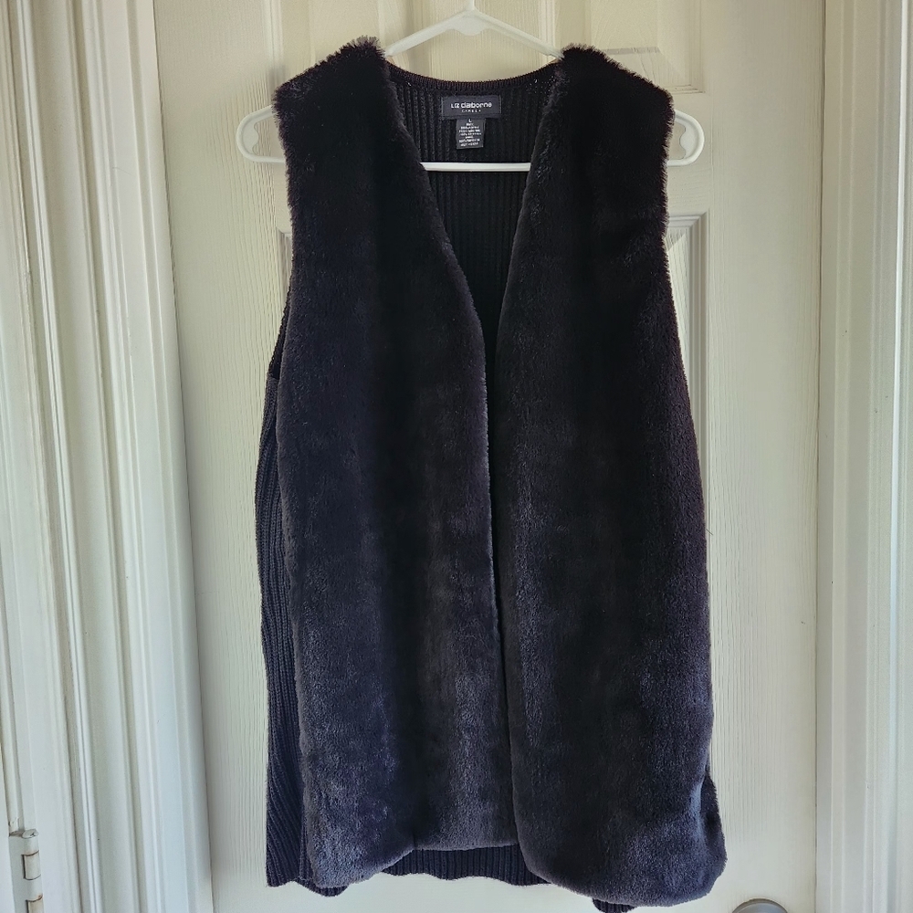 Liz Claiborne Black Faux Fur Sweater Knit Vest Size Large - Picture 1 of 5